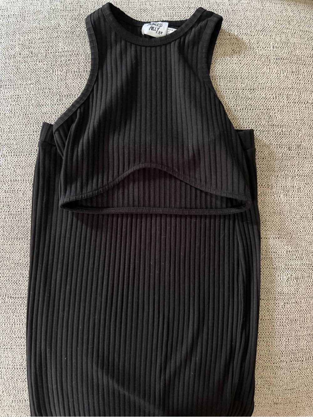 Princess Polly Black Ribbed Midi Dress with Curved Front Cutout
